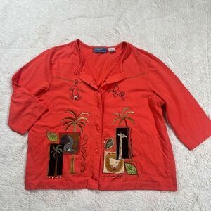 Women’s ONQUE Casuals Button Up Shirt Orange Giraffe Monkey Lion Safari